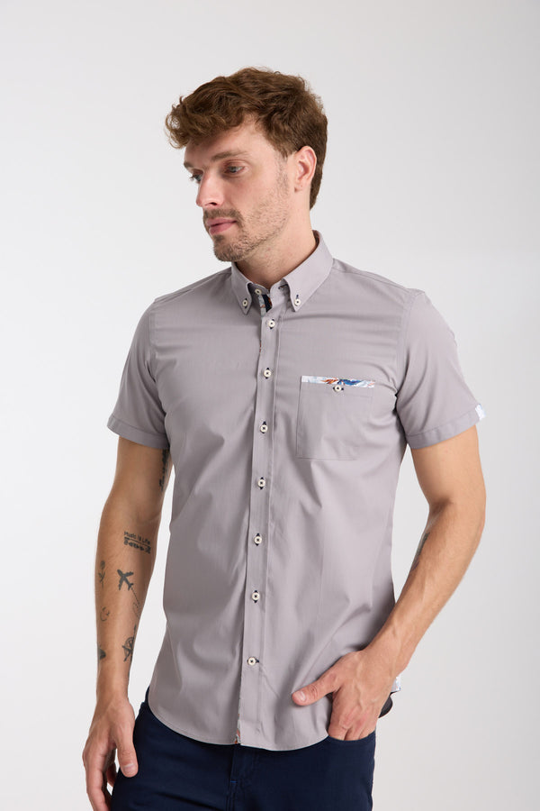 Chemise Homme Manche Courte Iconic Popelin Stretch Gris clair