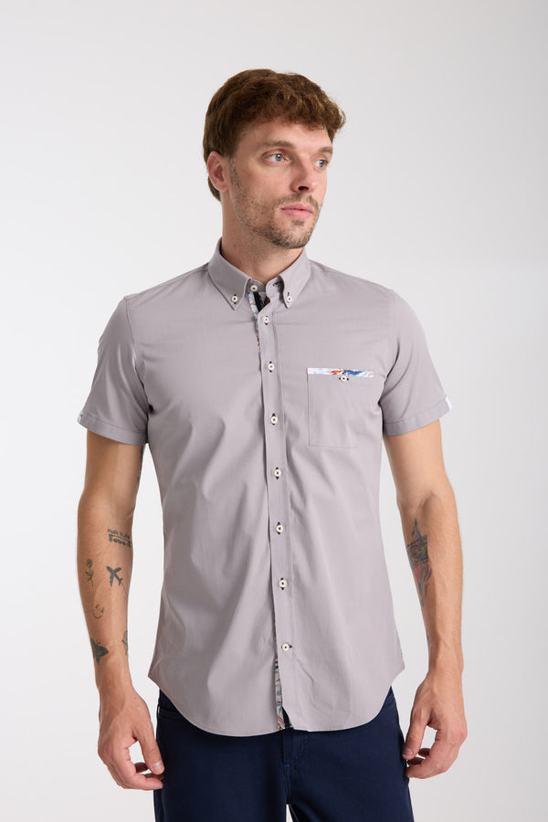 Chemise Homme Manche Courte Iconic Popelin Stretch Gris clair
