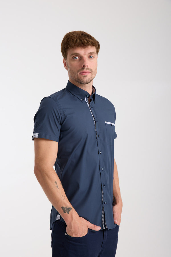 Iconic Poplin Stretch Man Shirt Short Sleeve Blue