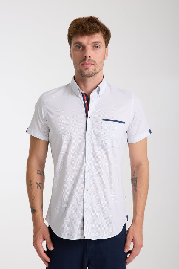 Chemise Homme Manche Courte Popelin Stretch Blanc Bleu