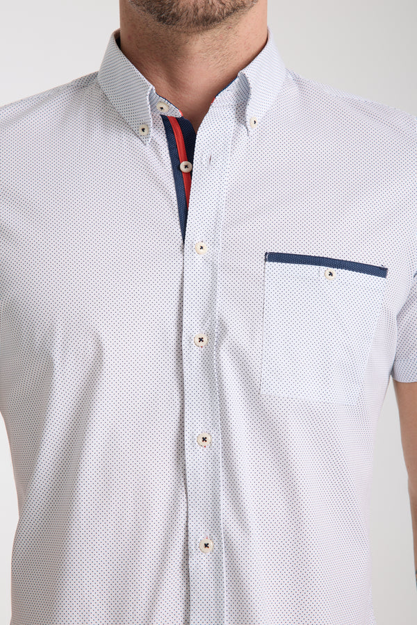 Chemise Homme Manche Courte Popelin Stretch Blanc Bleu