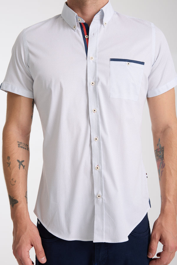 Chemise Homme Manche Courte Popelin Stretch Blanc Bleu