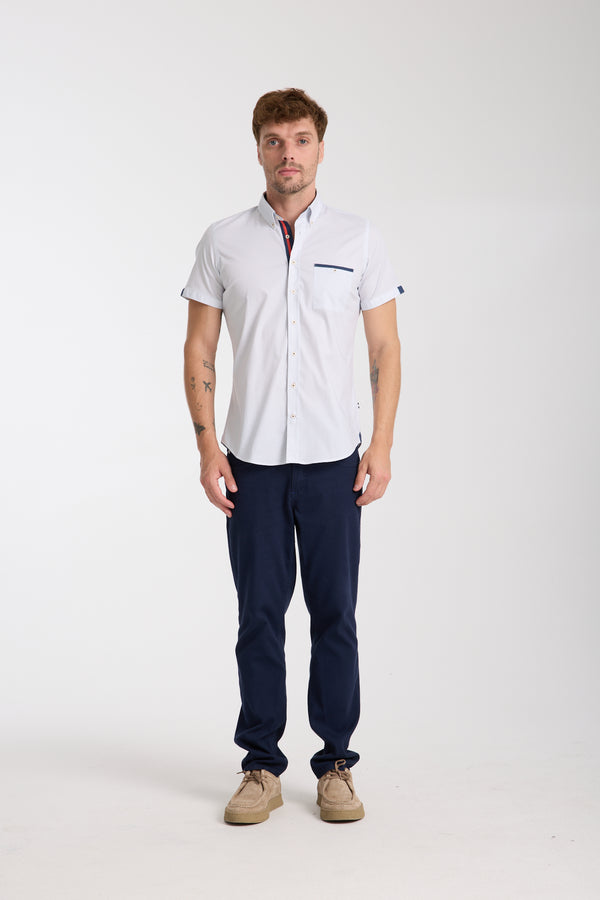 Chemise Homme Manche Courte Popelin Stretch Blanc Bleu