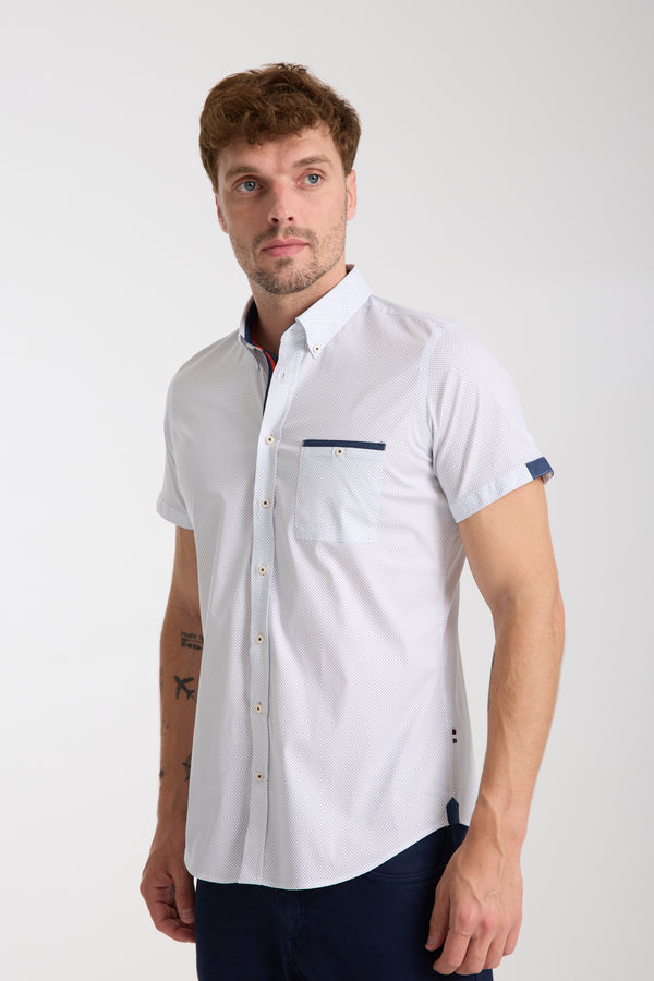 Chemise Homme Manche Courte Popelin Stretch Blanc Bleu