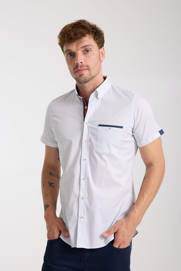 Chemise Homme Manche Courte Popelin Stretch Blanc Bleu