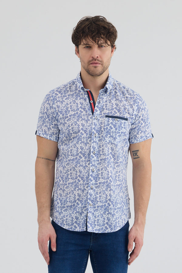 Camicia Uomo Manica Corta Iconic Lino Bianco Blu