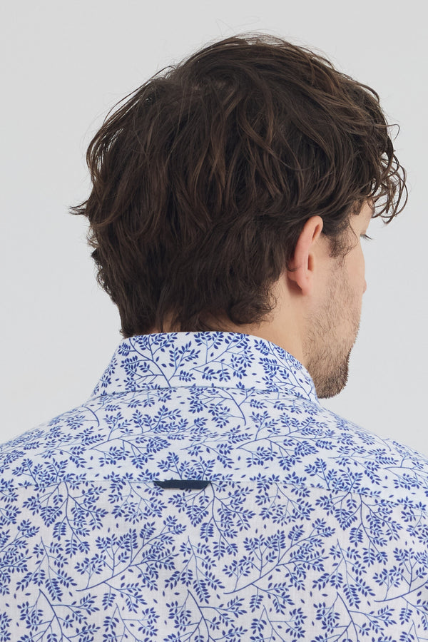 Camicia Uomo Manica Corta Iconic Lino Bianco Blu