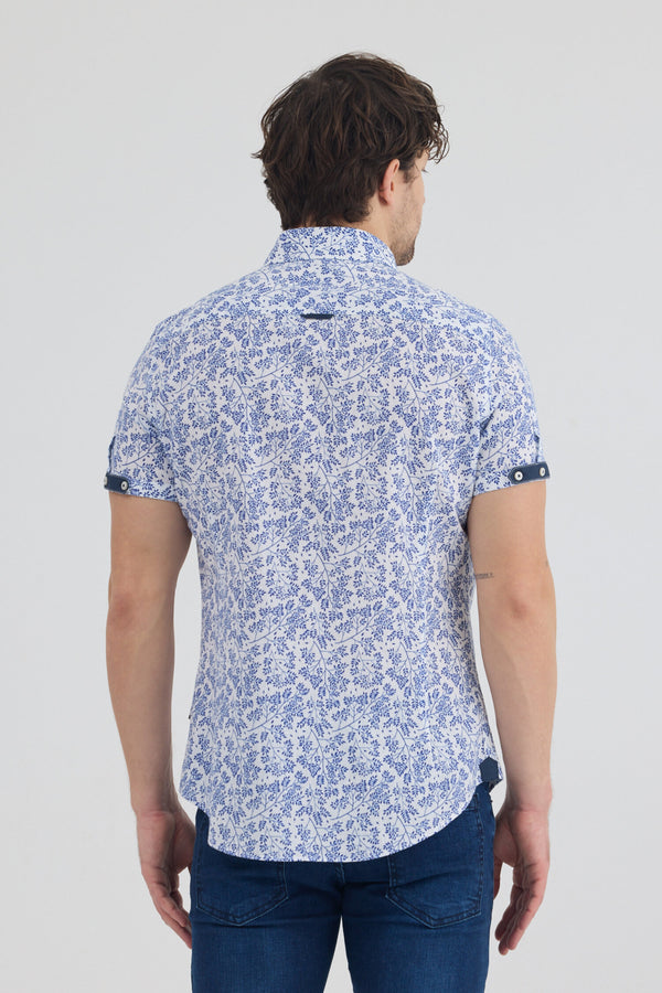 Camicia Uomo Manica Corta Iconic Lino Bianco Blu