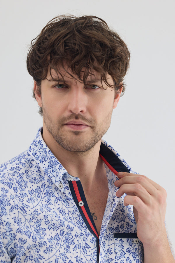 Camicia Uomo Manica Corta Iconic Lino Bianco Blu