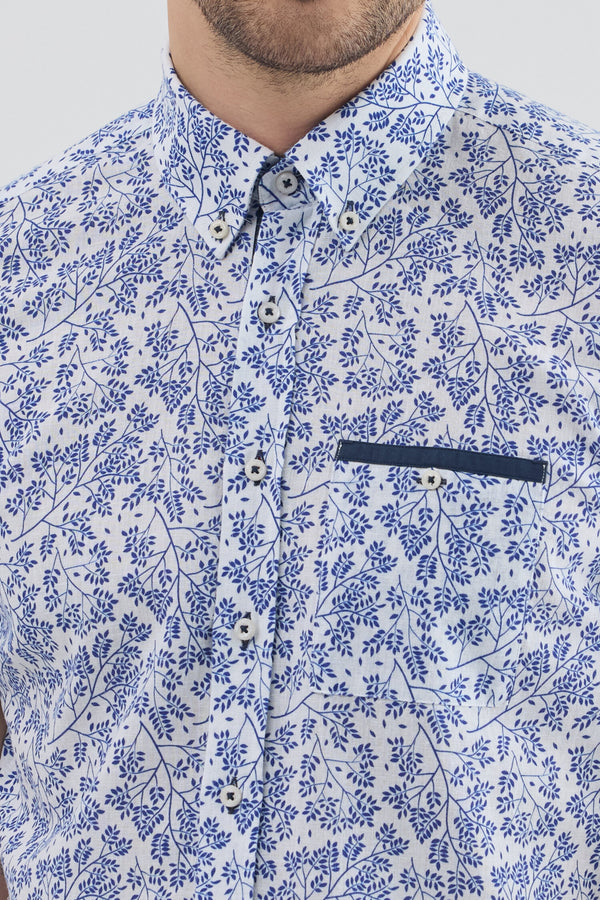 Camicia Uomo Manica Corta Iconic Lino Bianco Blu