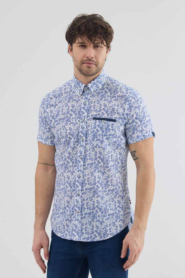 Camicia Uomo Manica Corta Iconic Lino Bianco Blu