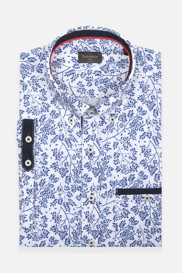 Camicia Uomo Manica Corta Iconic Lino Bianco Blu