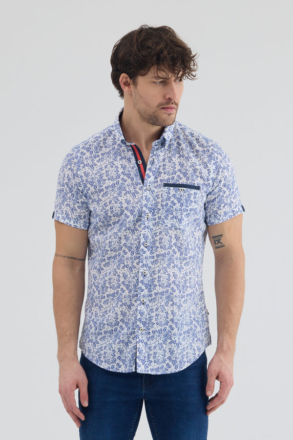 Camicia Uomo Manica Corta Iconic Lino Bianco Blu