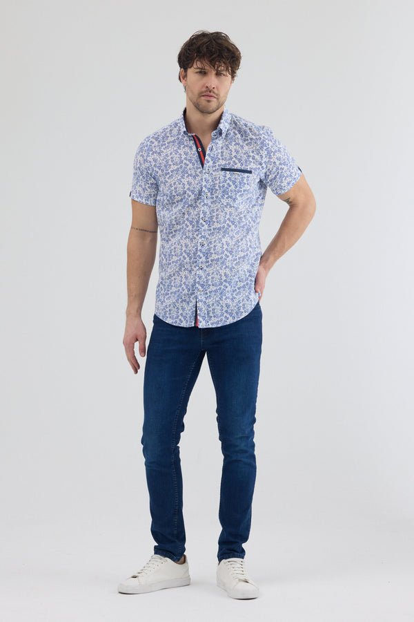 Camicia Uomo Manica Corta Iconic Lino Bianco Blu