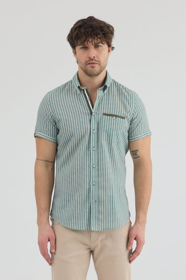 Camicia Uomo Manica Corta Iconic Lino Verde Bianco
