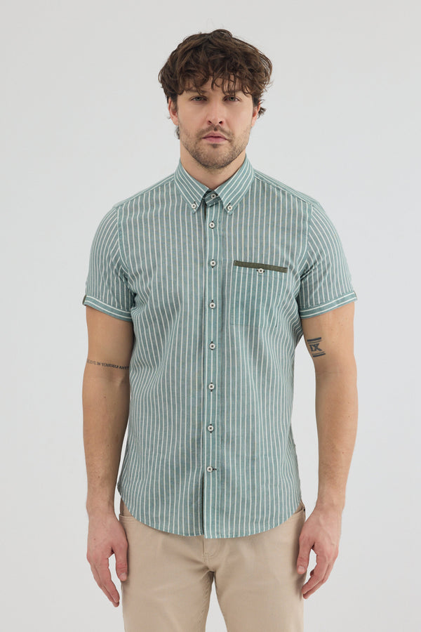 Camicia Uomo Manica Corta Iconic Lino Verde Bianco