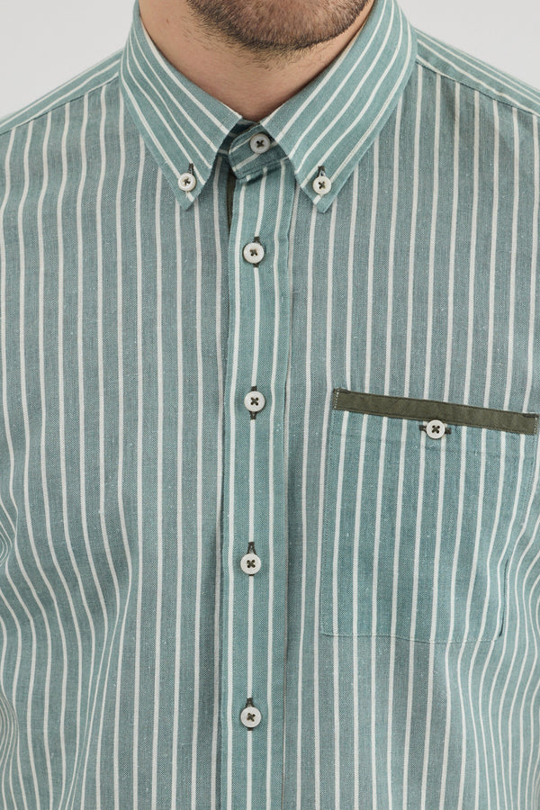 Camicia Uomo Manica Corta Iconic Lino Verde Bianco