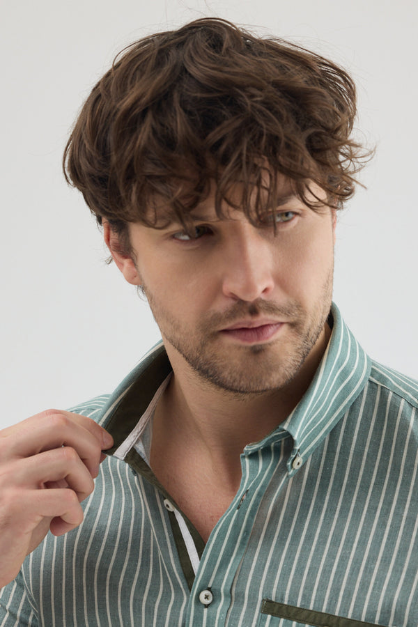 Camicia Uomo Manica Corta Iconic Lino Verde Bianco