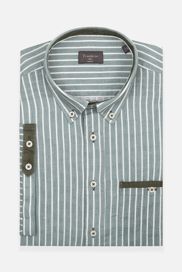 Camicia Uomo Manica Corta Iconic Lino Verde Bianco
