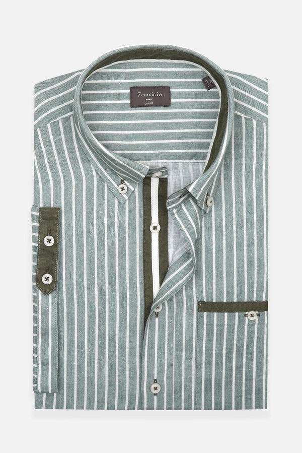 Camicia Uomo Manica Corta Iconic Lino Verde Bianco