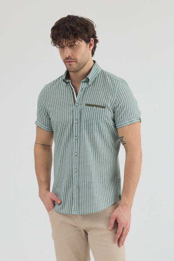 Camicia Uomo Manica Corta Iconic Lino Verde Bianco