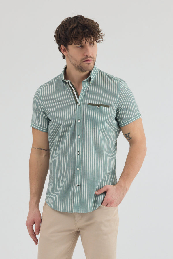 Camicia Uomo Manica Corta Iconic Lino Verde Bianco