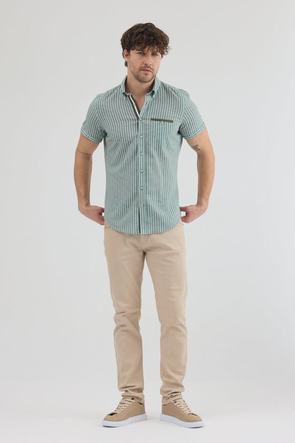 Camicia Uomo Manica Corta Iconic Lino Verde Bianco