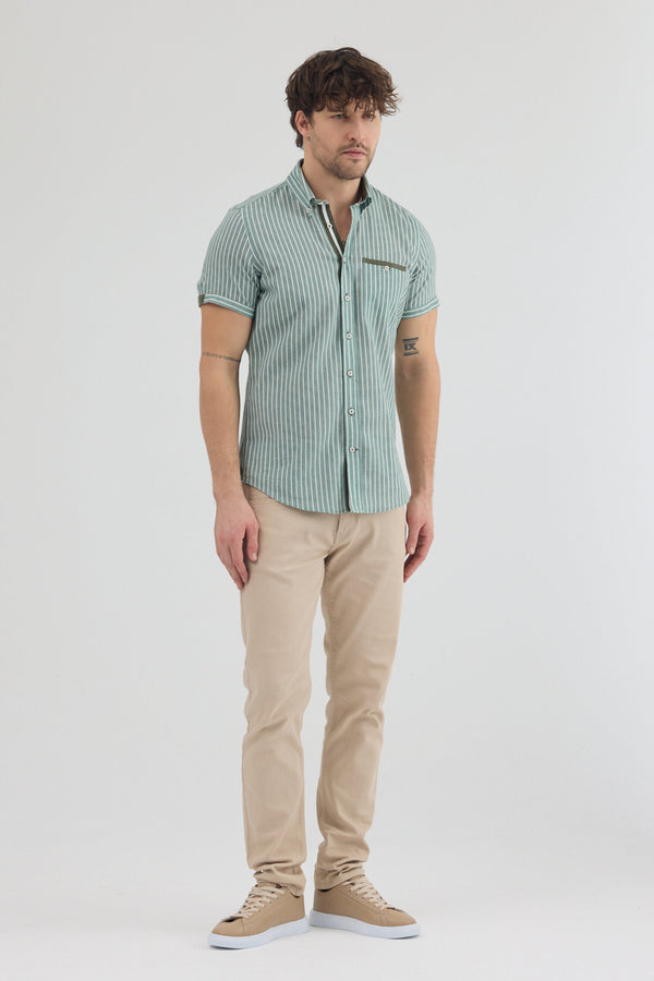 Camicia Uomo Manica Corta Iconic Lino Verde Bianco