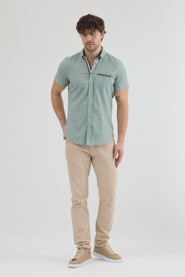 Camicia Uomo Manica Corta Iconic Lino Verde Bianco