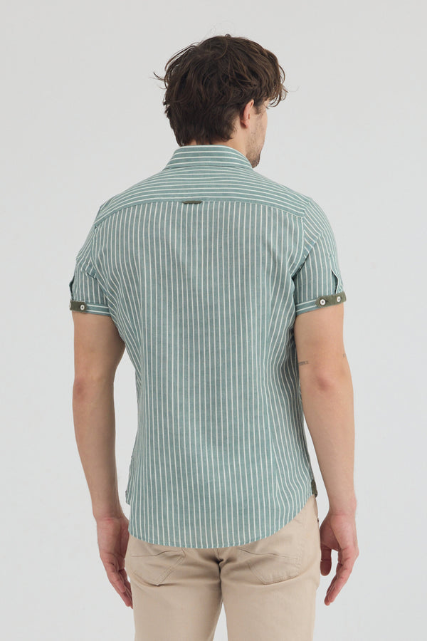 Camicia Uomo Manica Corta Iconic Lino Verde Bianco