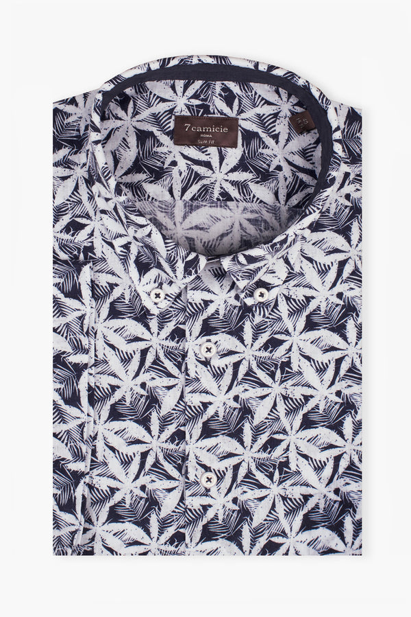 Camicia Uomo Manica Corta Leonardo Sport Lino Blu Bianco