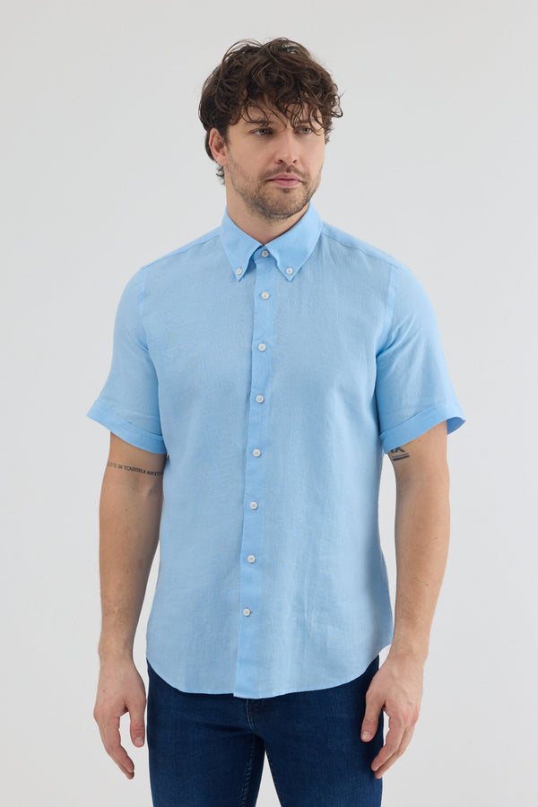 Camicia Uomo Manica Corta Leonardo Sport Lino Celeste