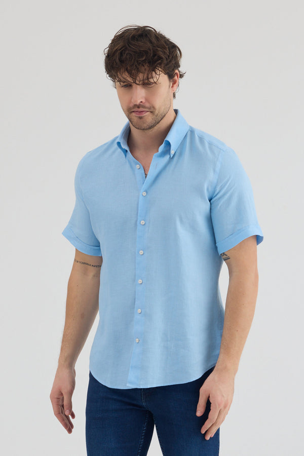 Camicia Uomo Manica Corta Leonardo Sport Lino Celeste