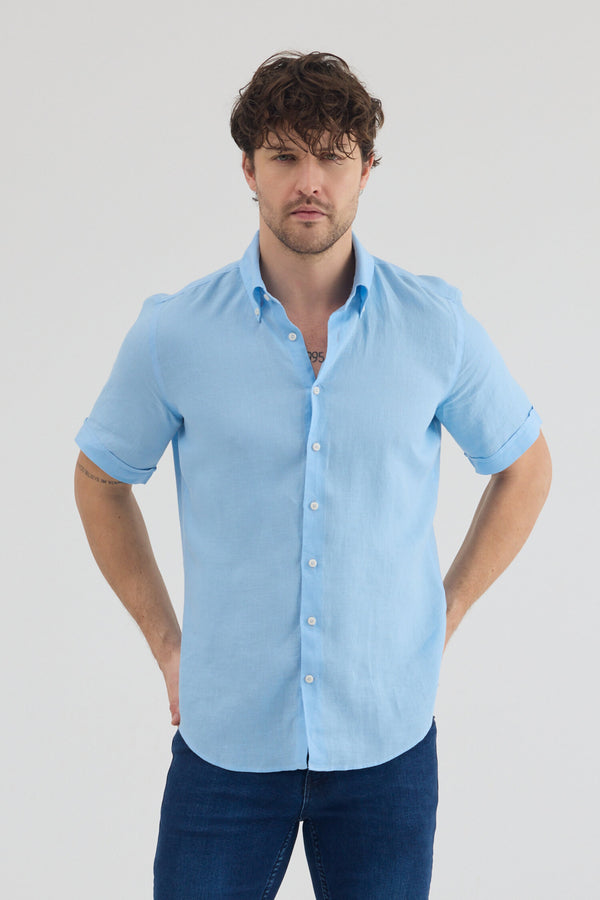 Camicia Uomo Manica Corta Leonardo Sport Lino Celeste