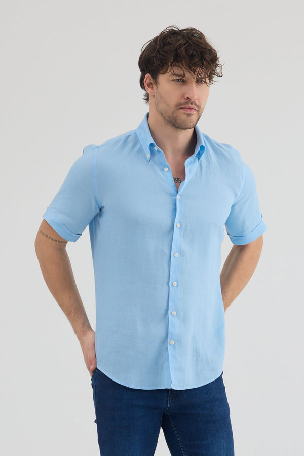 Camicia Uomo Manica Corta Leonardo Sport Lino Celeste