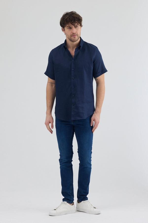 Camicia Uomo Manica Corta Leonardo Sport Lino Blu