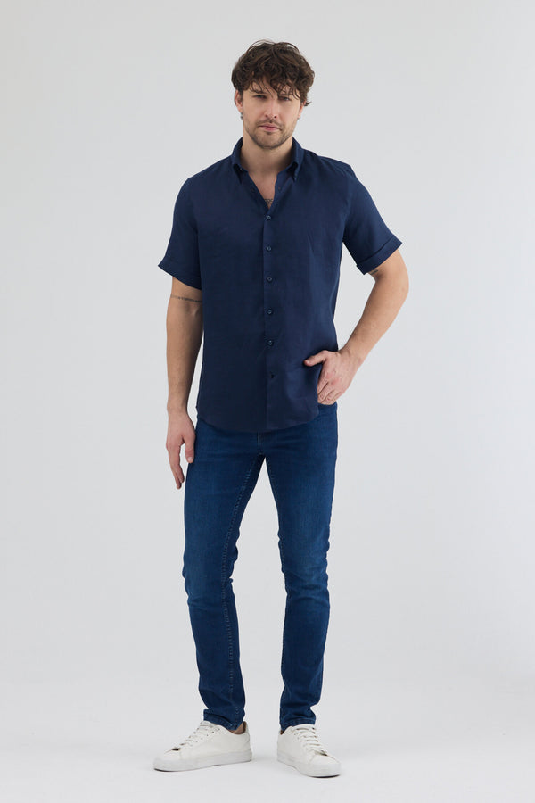 Camicia Uomo Manica Corta Leonardo Sport Lino Blu