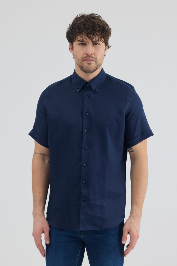 Camicia Uomo Manica Corta Leonardo Sport Lino Blu