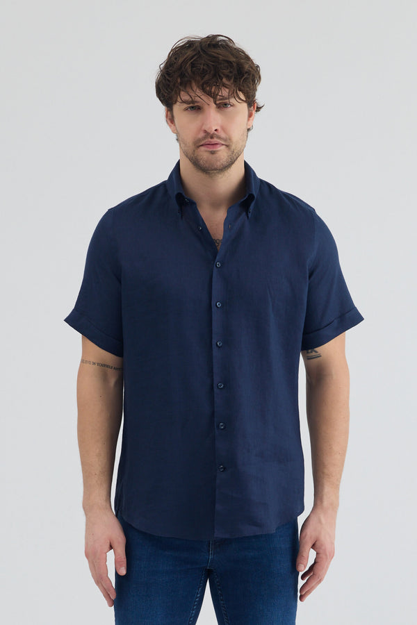Camicia Uomo Manica Corta Leonardo Sport Lino Blu