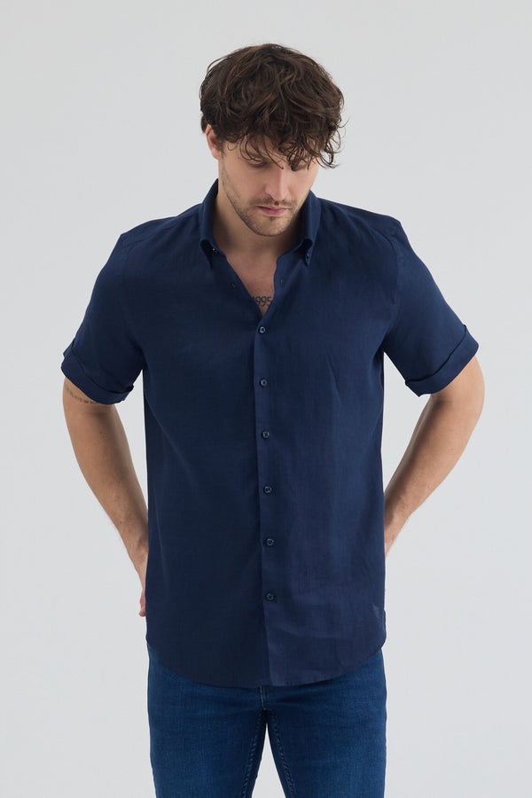 Camicia Uomo Manica Corta Leonardo Sport Lino Blu