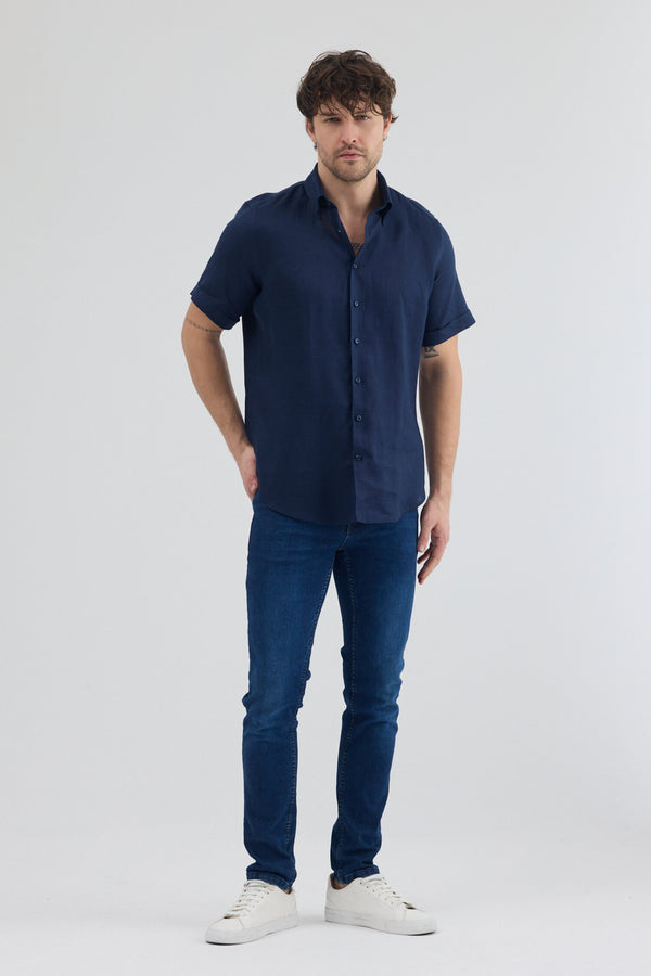 Camicia Uomo Manica Corta Leonardo Sport Lino Blu