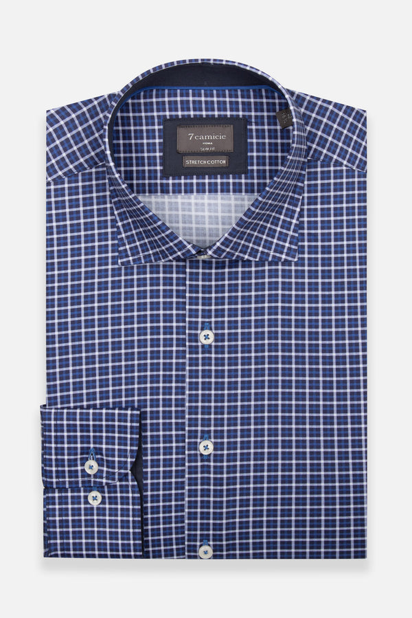 Camicia Uomo Popelin Stretch Blu scuro Bianco