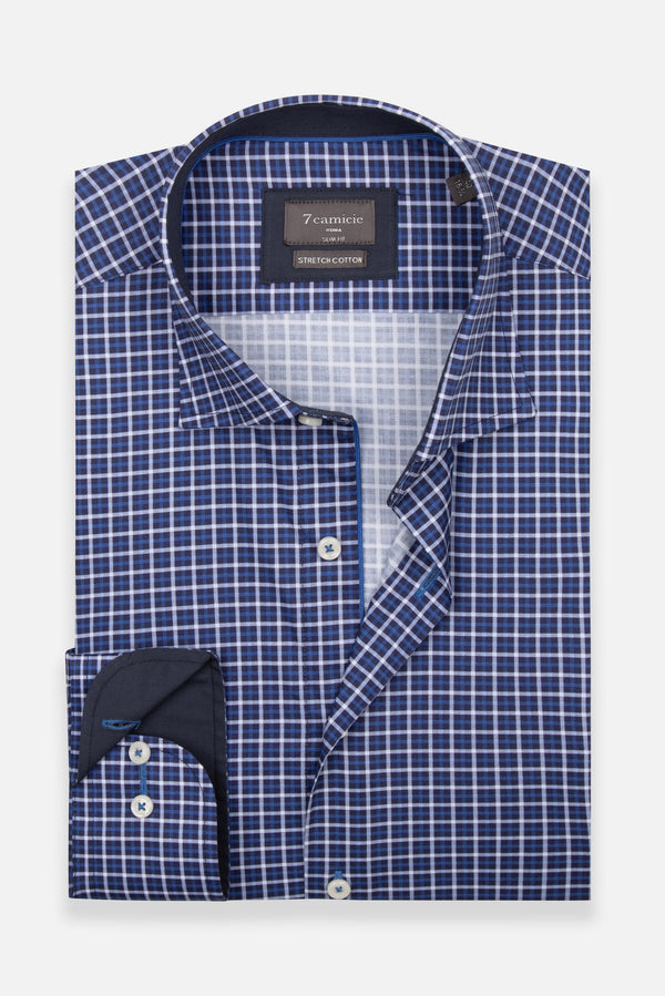 Camicia Uomo Popelin Stretch Blu scuro Bianco