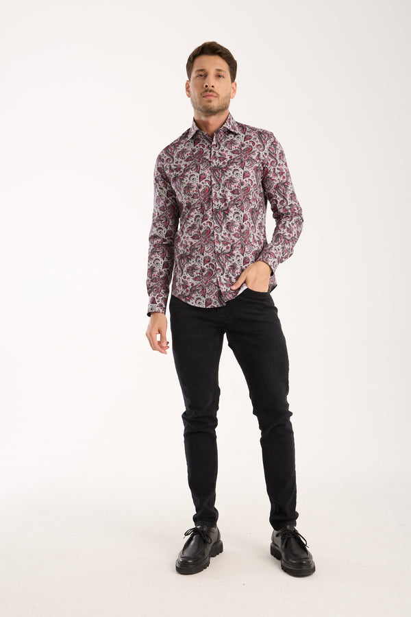 Camicia Uomo Firenze Sport Popelin Stretch Grigio Rosso