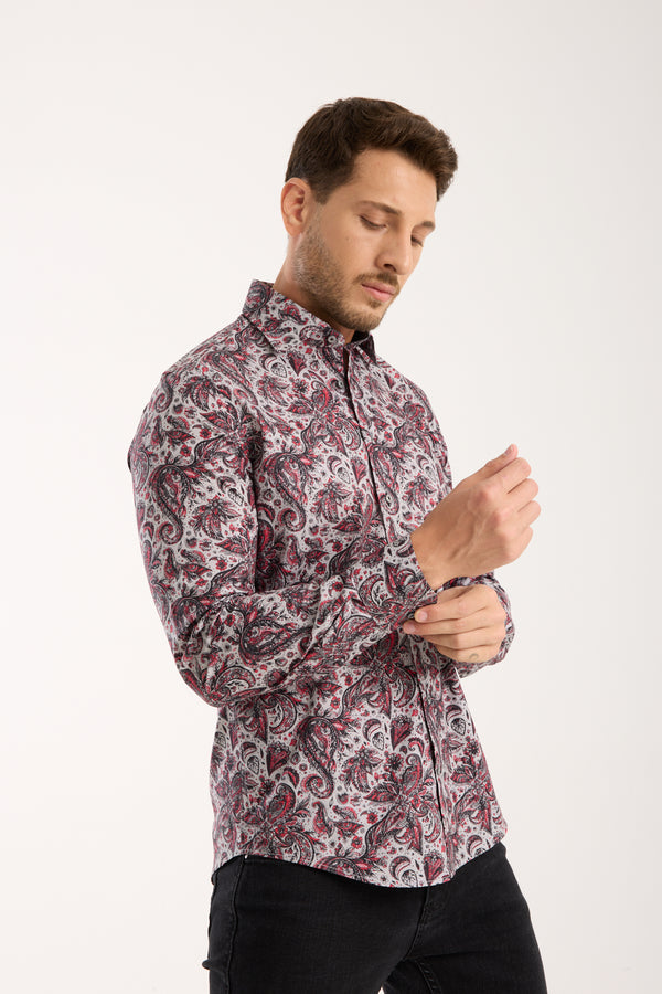 Camicia Uomo Firenze Sport Popelin Stretch Grigio Rosso