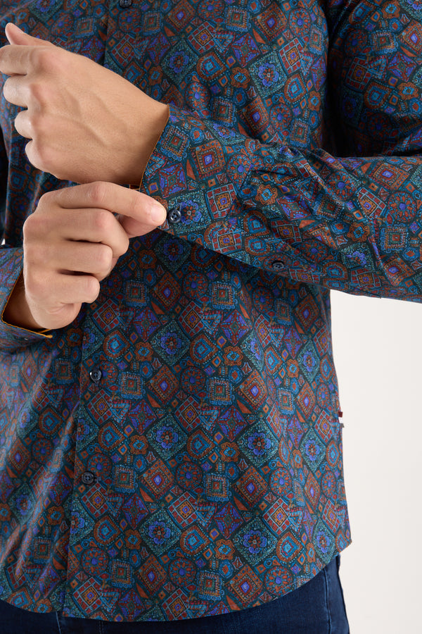 Camisa Hombre Firenze Sport Popelin Stretch Azul Naranja