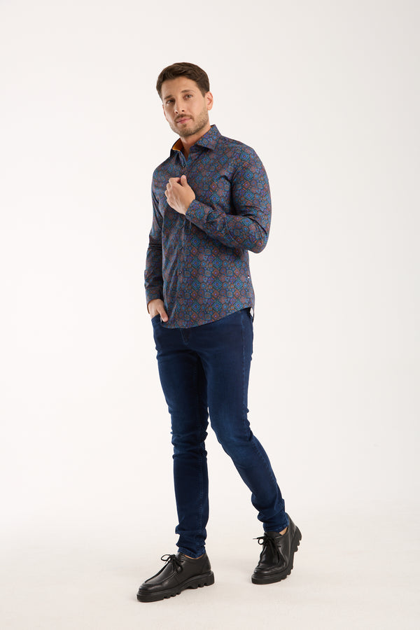 Camisa Hombre Firenze Sport Popelin Stretch Azul Naranja