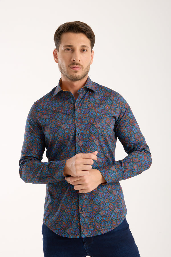 Camisa Hombre Firenze Sport Popelin Stretch Azul Naranja