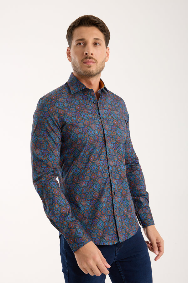 Camisa Hombre Firenze Sport Popelin Stretch Azul Naranja