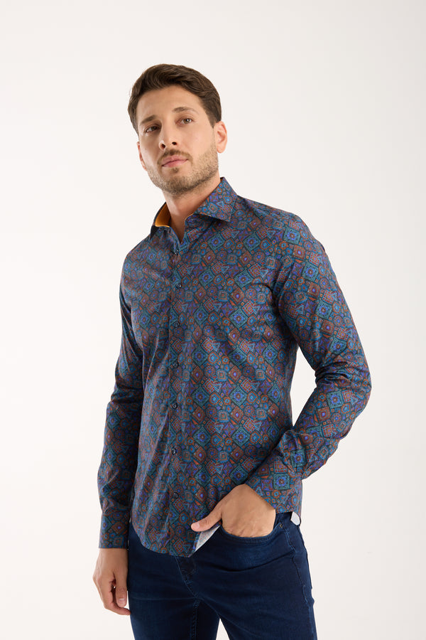 Camisa Hombre Firenze Sport Popelin Stretch Azul Naranja